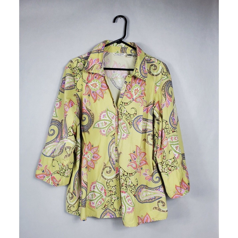 Quizz Woman Green Paisley Snap Front 3/4 Sleeve Stretch Cotton Shirt Plus Sz 24